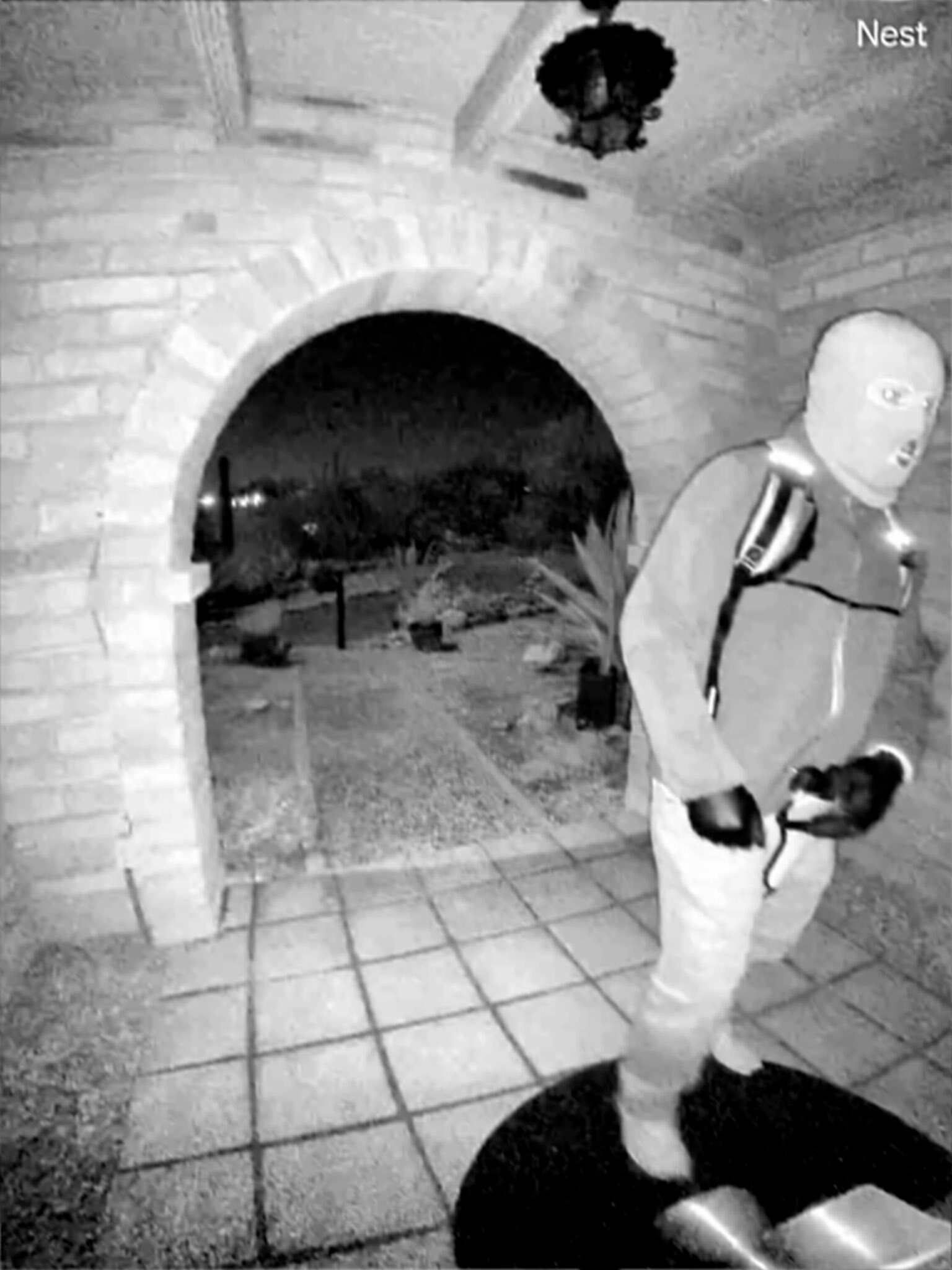Surveillance image of a person in a balaclava, jacket, and pants, holding an object, standing on a patio.