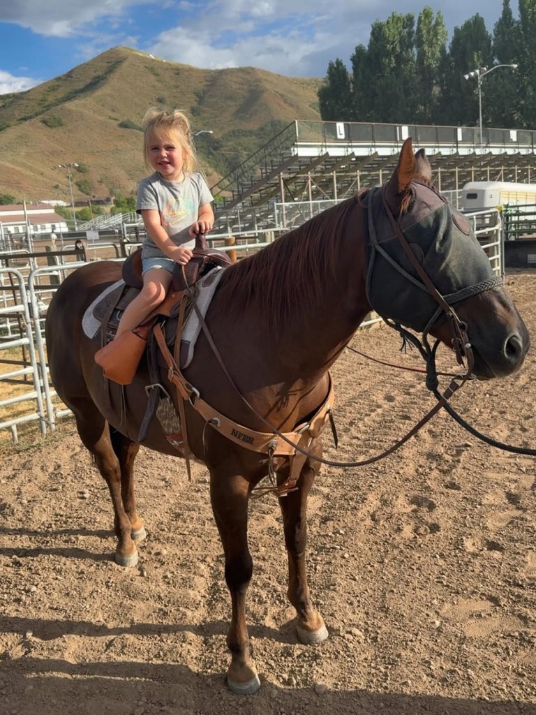 A young girl sitting on a saddled horse.