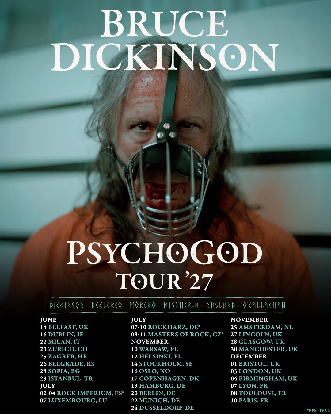 Official Bruce Dickinson PsychoGod Tour 2027 poster listing the European and UK dates