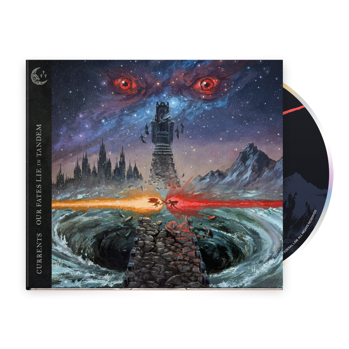 Our Fates Lie in Tandem CD package showing a surreal landscape and glowing eyes above a tower
