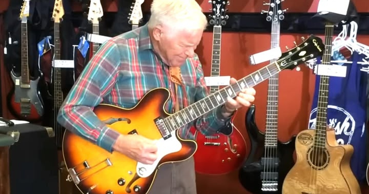 Bob Wood playing an Epiphone Riviera in a Nashville guitar shop