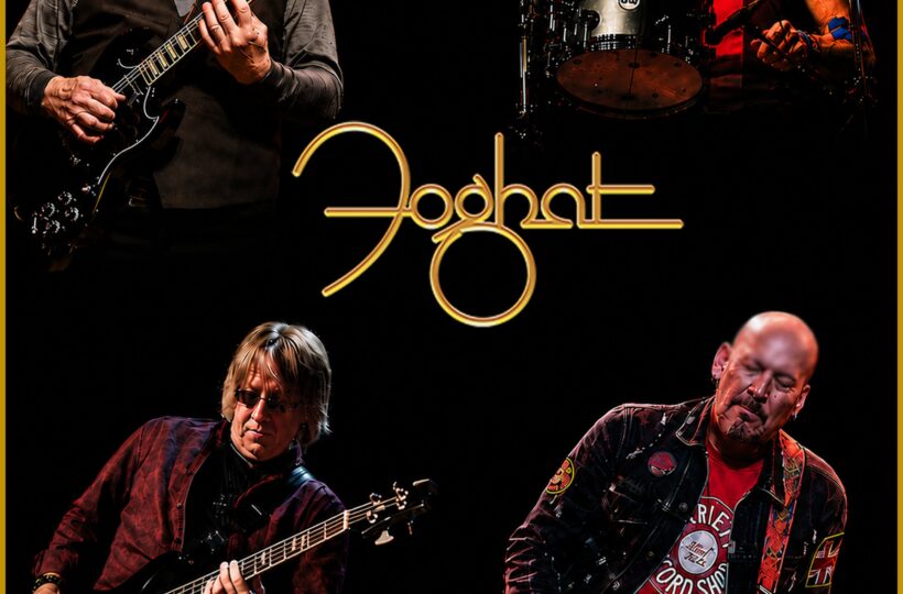Four-panel promotional collage showing Foghat's four musicians performing on stage