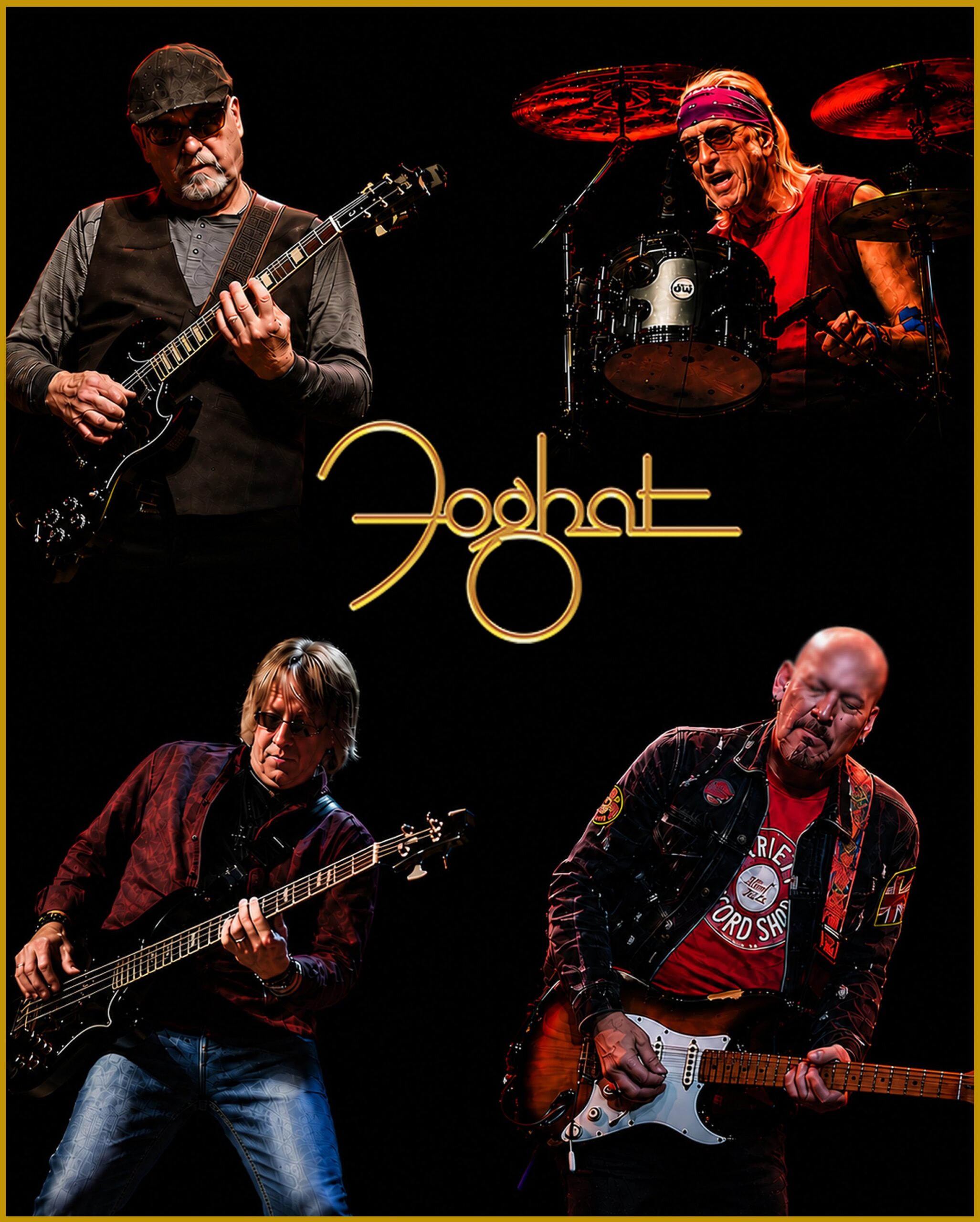 Four-panel promotional collage showing Foghat's four musicians performing on stage