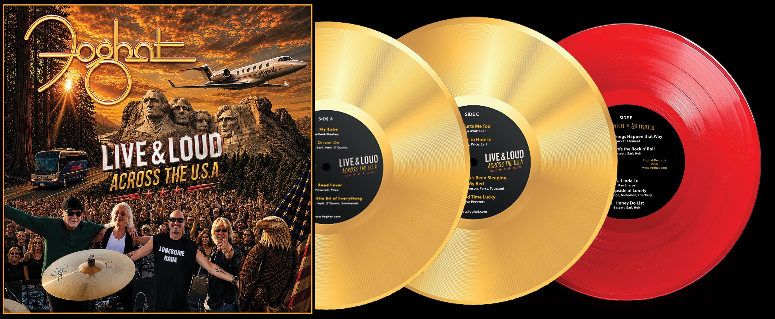Foghat's Live & Loud Across the U.S.A. package with two gold records and one red record