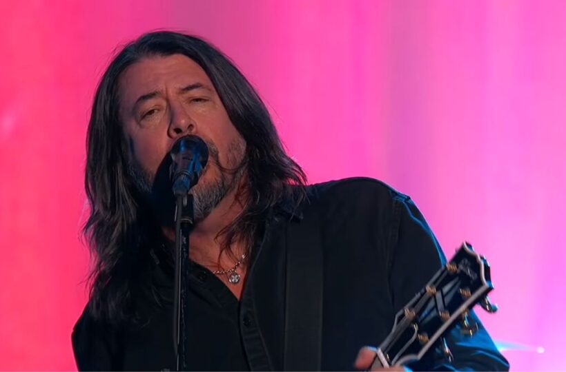Dave Grohl singing and playing guitar during Foo Fighters' Jimmy Kimmel Live performance