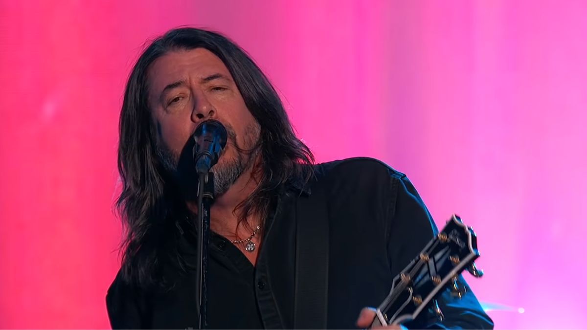Dave Grohl singing and playing guitar during Foo Fighters' Jimmy Kimmel Live performance