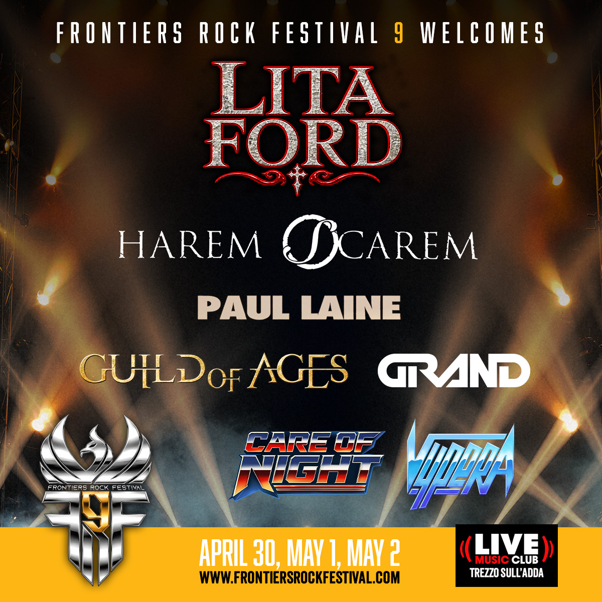 Official Frontiers Rock Festival 2027 poster announcing Lita Ford, Harem Scarem, Paul Laine, Guild of Ages, Grand, Care of Night and Vypera