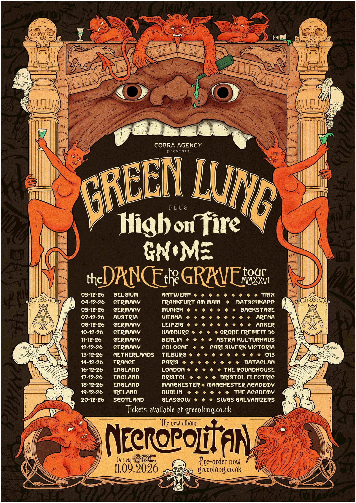 Illustrated Dance to the Grave tour poster for Green Lung, High on Fire and Gnome with December 2026 dates