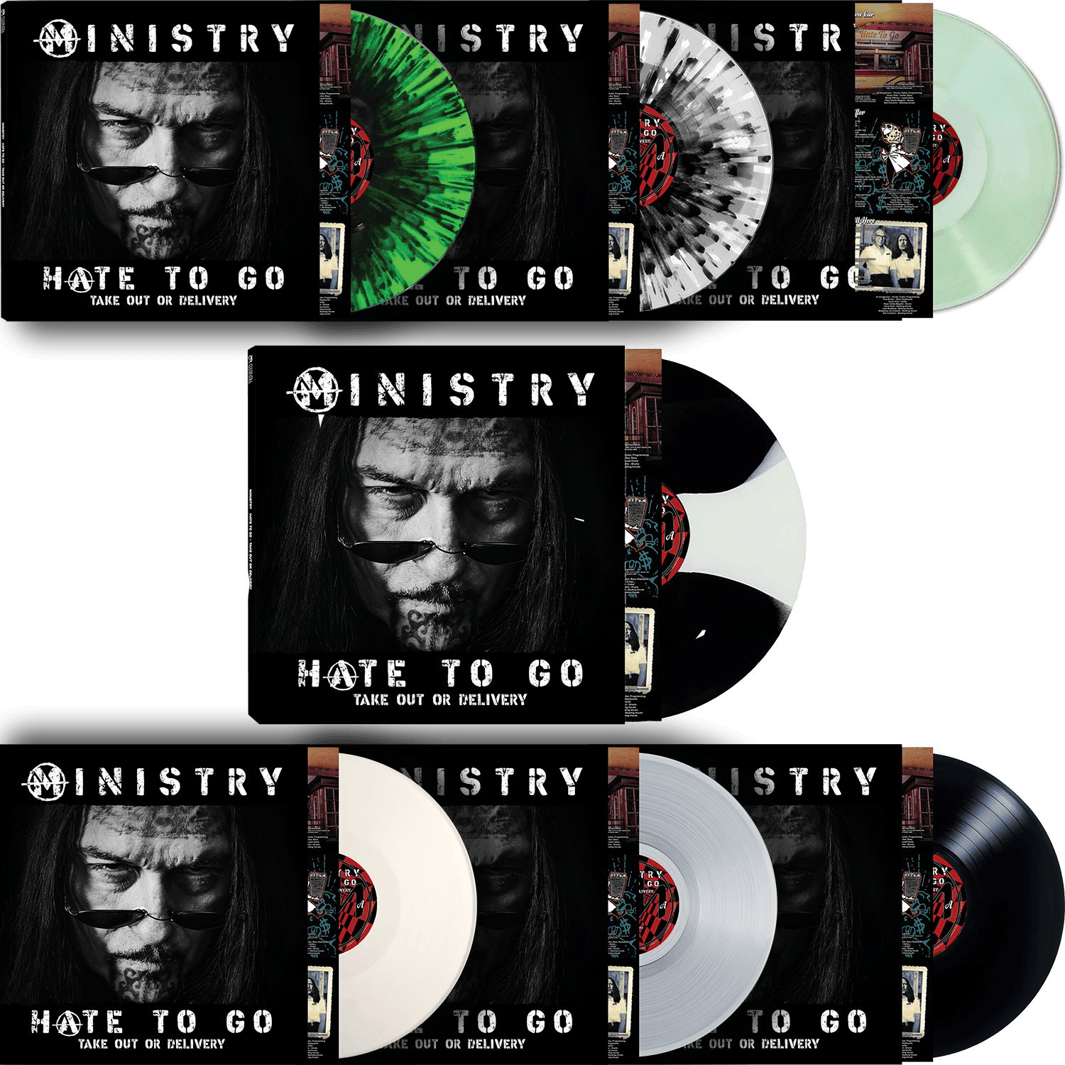 A promotional display of the coloured vinyl editions of Ministry’s Hate To Go: Take Out Or Delivery