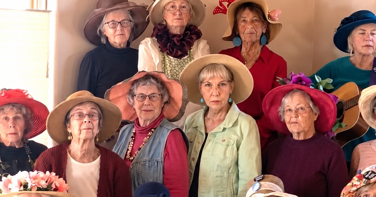 Santa Fe Raging Grannies performing a protest song in shawls, floral aprons and elaborate hats
