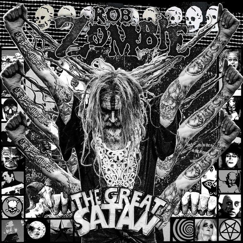 Black-and-white cover artwork for Rob Zombie’s album The Great Satan, with multiple raised arms