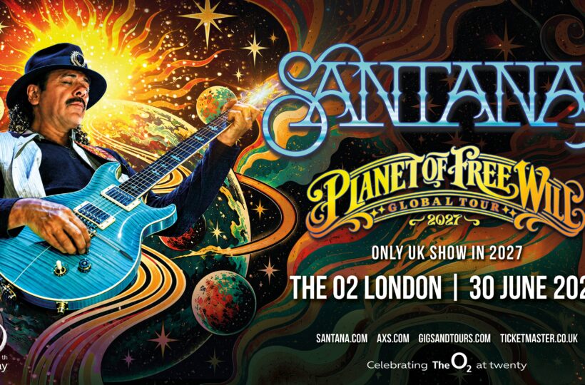Official Santana Planet of Free Will Global Tour 2027 artwork announcing The O2 London show on 30 June 2027