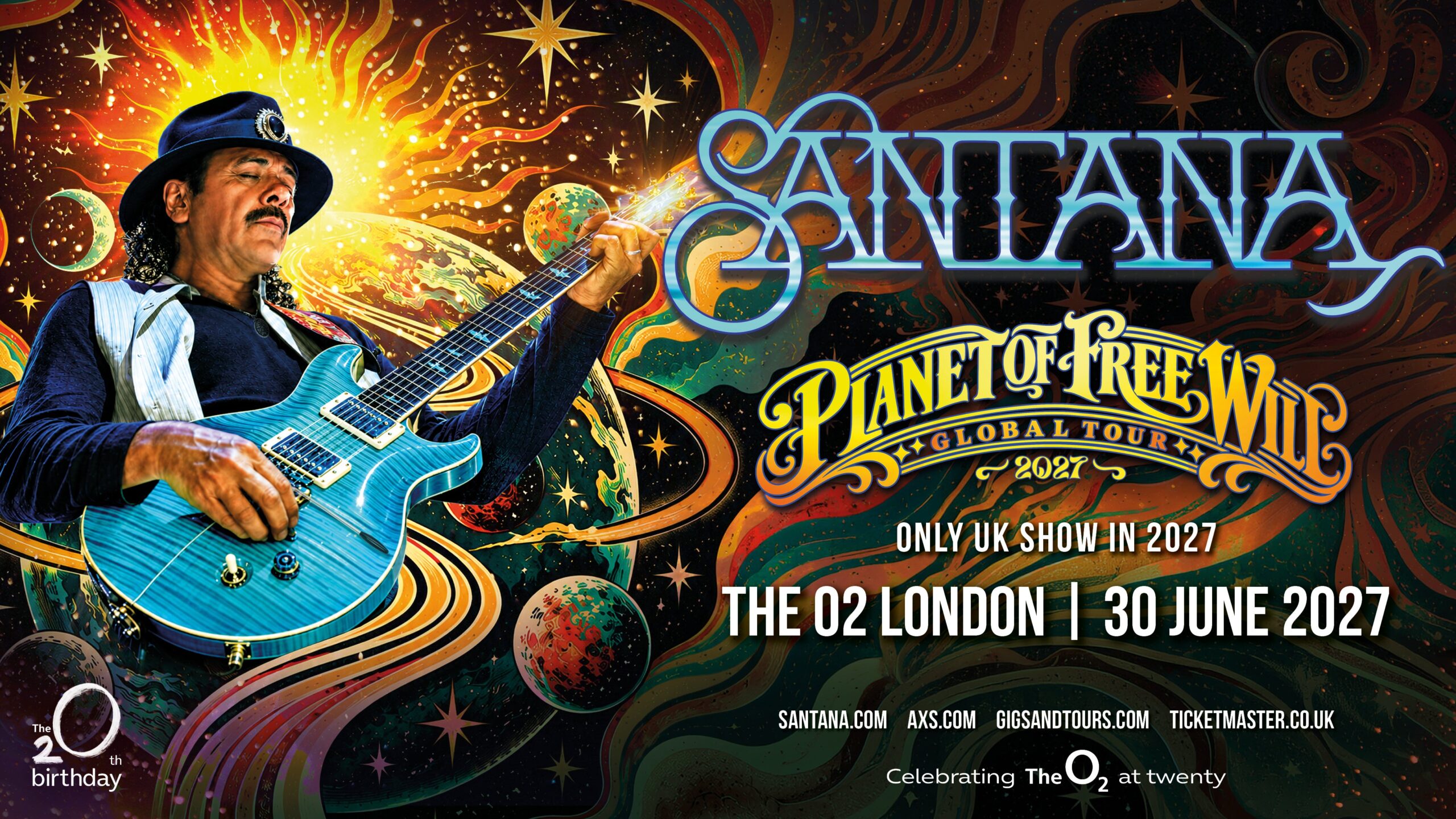 Official Santana Planet of Free Will Global Tour 2027 artwork announcing The O2 London show on 30 June 2027