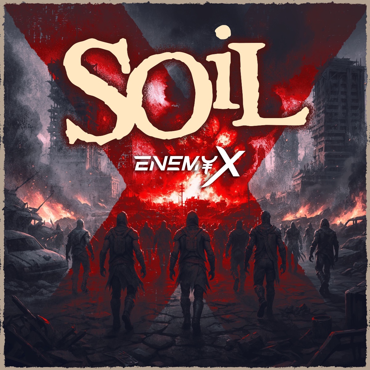 SOiL's Enemy X artwork with a red X above a crowd in a dark cityscape