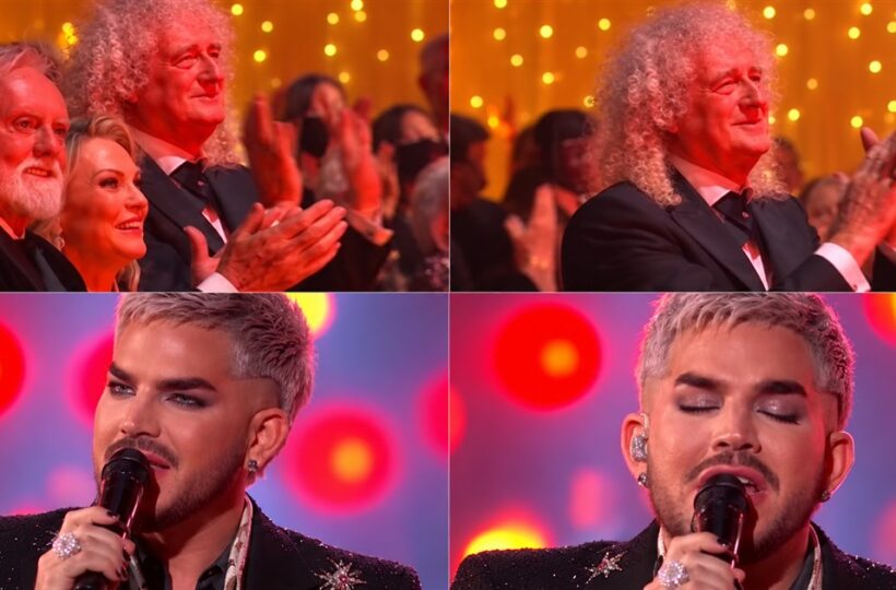 Collage of Adam Lambert performing and Brian May and Roger Taylor applauding at the Polar Music Prize.
