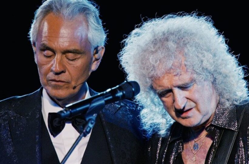 Andrea Bocelli and Brian May performing Who Wants to Live Forever.