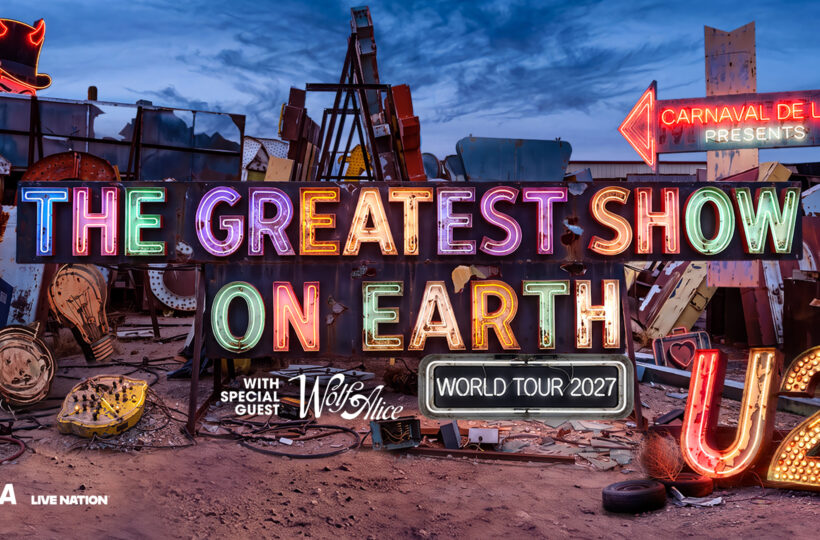 Colourful neon artwork for U2's 2027 Greatest Show On Earth tour with special guests Wolf Alice