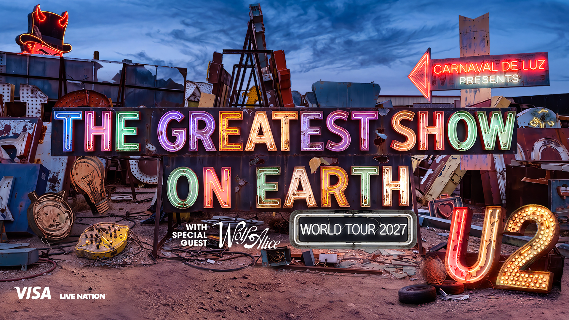 Colourful neon artwork for U2's 2027 Greatest Show On Earth tour with special guests Wolf Alice